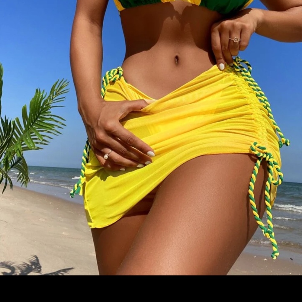 Yellow Drawstring Ruched Beach Skirt - Picture 1 of 4